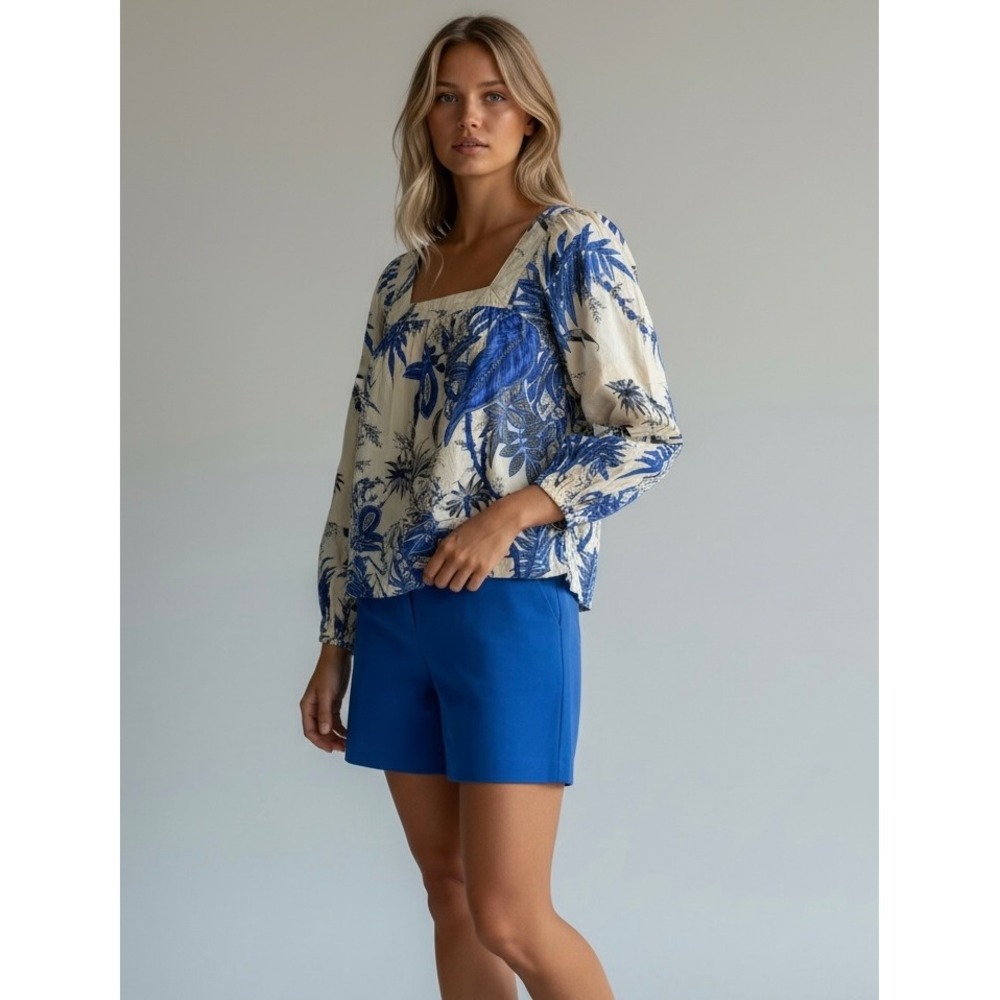 Banana Republic Blue Tropical Size Small Floral Square Neck Cotton Blouse Top